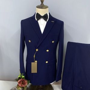 Handsome 2 Piece Business Men Suits Slim Fit Peak Lapel Double Breasted Blazer Pants Formal Groom Tuxedos Wedding Costume Homme