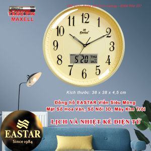 Đồng Hồ Treo Tường EASTAR KIM TRÔI có LỊCH Vạn Niên và NHIỆT KẾ Điện tử - Mặt Vàng – Bảo Hành 1 Năm – Tặng 2 Pin Maxell