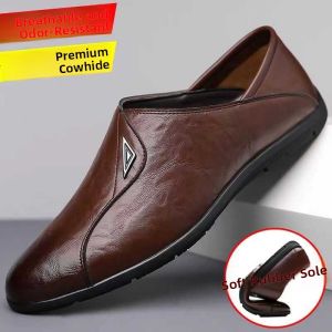 Mens Summer Breathable Anti-Odor Soft Bottom Driving Shoes Casual Leather Slip-On Bean Bean Shoes Comfortable Rubber Sole