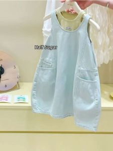 Summer Thin Pure Color Children Girls Overalls Jeans Skirt Set