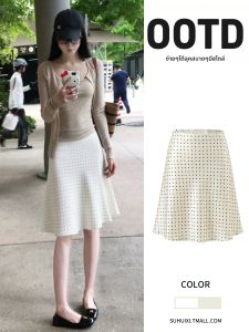 SUHUIQIAN | Chân Váy Midi Chấm Bi Phong Cách Retro Elegance