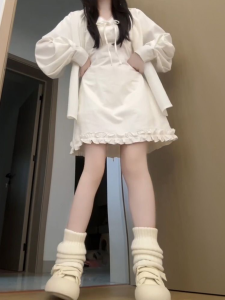 White Shirt Dress Womens V-neck Waist-cinched Mini Dress Two-piece Set Commute Style Long Sleeve High Waist Soft Fabric