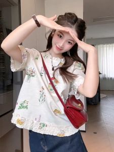 Áo Sơ Mi Nữ Tay Ngắn Họa Tiết Hoa Cổ Tròn Dáng Rộng Mùa Hè 2025 Phong Cách Mới Thoải Mái Đa Năng Áo Sơ Mi Búp Bê