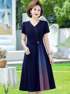 Fashionable Short Sleeve Long Dress Slimming Belly Covering Midlife Womens Summer Dress V Neck Zipper Closure Polyester Fiber