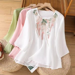 เสื้อเชิ้ตคอตั้งแขนยาวปานกลางผ้าลินินปักลายสไตล์ชาติพันธุ์หลวมๆ สำหรับผู้หญิงวัยกลางคนและผู้สูงอายุ