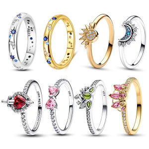 Disney | HOT 925 Silver Eternal Shining Double Row Sun And Moon Love Heart Crown Ring Fashion Womens DIY Charms Jewelry Exquisite Gifts﻿