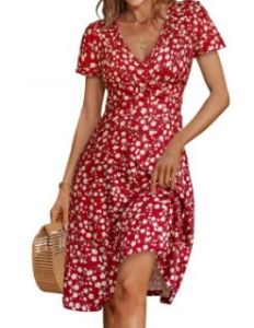 ชุดเดรสพิมพ์ลายดอกไม้ขนาดเล็กแฟชั่นฤดูร้อน กระโปรงทรงเอ แขนสั้น เอวกลาง คอวี ชุดเดรสยาวปานกลาง เดรสสั้น