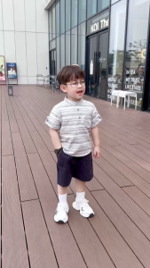 Set bộ sơ mi cổ trụ kẻ ngang phối túi viền kèm quần short kaki bé trai 9 đến 28kg BERNIE H1124B65