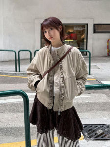 Retro Wood Grain Edge Workwear Jacket Womens Loose Short Baseball Style Coat Autumn New Arrival Comfortable Warm Zipper Closure