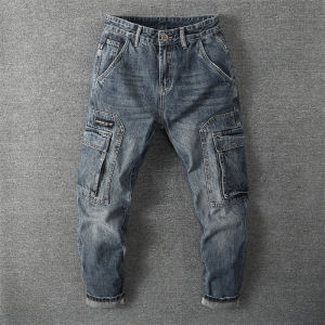 กางเกงยีนส์แนวช่างกลสไตล์อเมริกันแนววินเทจสำหรับผู้ชายกางเกงขายาวทรงสอบหลายกระเป๋าแบรนด์ยอดนิยมทรงหลวมสำหรับฤดูใบไม้ผลิและฤดูใบไม้ร่วงกางเกงลำลองยอดนิยม