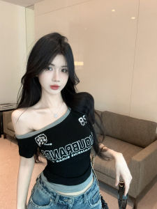 GUZILIAN | Slim Fit Short Sleeve T-Shirt Womens American Design Sense Patchwork Color Block Fake Two-Piece Short Shoulder Top