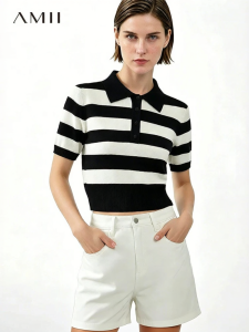 AMII | New Summer Polo Collar Stripe Slim Short Sleeve Knit Top