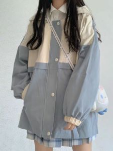 ฤดูใบไม้ร่วงสไตล์เกาหลีผู้หญิง Workwear แจ็คเก็ตหลวมสบายๆอเนกประสงค์ Windbreaker Hooded กระเป๋าซิปแขนยาว