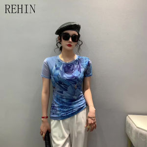 REHIN Womens top New Summer fashion mesh printed short-sleeved T-shirt round-neck  Slim S-3XL thin elegant trend blouse