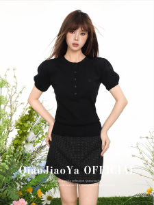 QIAOJIAOYA | Áo Knit Tay Bồng Đen Ôm Dáng Nẹp Eo