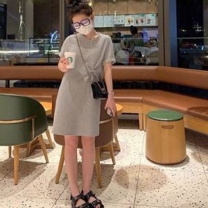 Summer New Arrival Small European Products Womens Clothes Pink Short Sleeve Ruched Dress Womens Easiest for Match Mid Length Long Length round Neck T-shirt