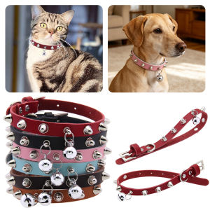 Leather Cat Collar With Bell Djustable Leather Pet Neck Strap With Rivets Reinforced Alloy D-Ring Pet Fashion Shows Photo Shoots