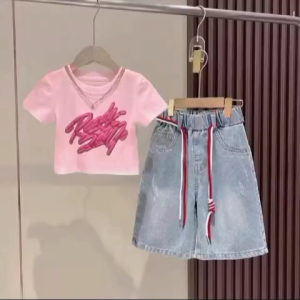 Setelan Baju Anak Perempuan Terbaru Denim Pendek Crop Usia 1-5 Tahun