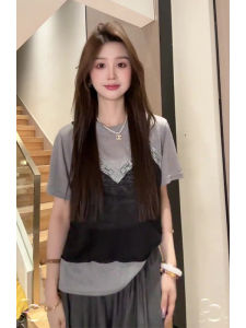 YUEZHONGWEI | French Lace Splice Short Sleeve Loose Womens T-shirt Shoulder Length Casual Summer Top Gray Color Block Commute Style