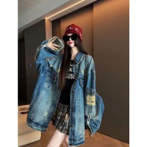 FLICBS | Vintage Distressed Denim Jacket Autumn Winter Oversized Turn-down Collar