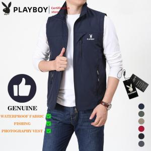 PLAYBOY Mens Vest Spring Autumn Outdoor Leisure Fashion Multi Pocket Standing Neck Waterproof Vest Sports Tank Top