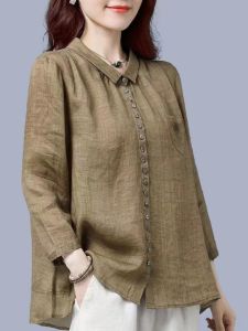 Classy Loose Slimming Plus Size Casual Shirt Womens Summer Half Sleeve Cotton Linen Tops Western Style Cotton Linen Short Sleeve Mom Style Shirt