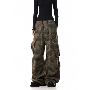 American Casual Retro Pleated Multi-Pocket Camouflage Work Pants Loose Drawstring Straight Leg Floor-Length Trousers