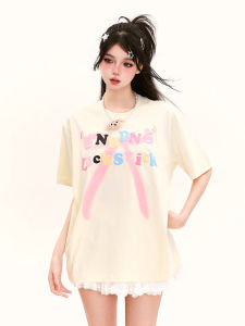 American Letter Foaming Print Short Sleeve Loose T-Shirt Women Summer Age-Defying Versatile Sweet Top Trendy Cotton round Neck