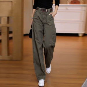 Cool Military Green Work Pants Womens High Waist Wide Leg Cotton Climbing Pants Casual Straight Leg Trousers Autumn Fashion