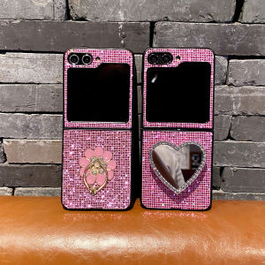 Cute Pink Flower Bracket Lovely Grid Phone Case For Samsung Galaxy Z Flip 8 6 5 4 3 Flip7 FE Love Heart Mirror Holder Cover