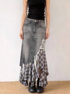 MANMI | Chân Váy Jeans Asymmetric Retro Với Đắp Plaid Giả Hai Mảnh