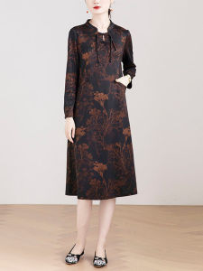 Elegant Long Sleeve Qipao Dress Chinese Style Womens Fashion Middle-Aged Mother Improved Version Autumn Season Classy Skirt