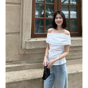 YUEZHONGWEI | French Style Off Shoulder White Short Sleeve Shirt Women Summer Design Sensation Small Size Waist Cinch Pleated Shoulder Top