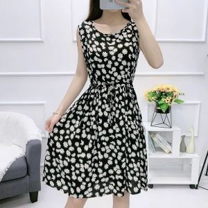 Váy Voan Lụa Hoa Cúc Nhỏ Không Tay Mùa Hè Cho Phụ Nữ Trẻ Cao Cấp Váy Đi Biển Bằng Cotton Nhân Tạo Cạp Rộng Dáng Chữ a