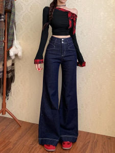 High Waist Flared Jeans Womens Denim Pants Slimming Long Trousers Casual Style Faded Effect Spring Season Ladies Fashion