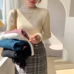 FRAN Autumn and winter Half High Collar Long Sleeve Knitted Sweater women patchwork knitted top Casual PlainTop
