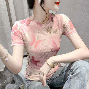 Summer Short Sleeve T-Shirt Womens Printed Mesh Slim Fit Fashionable Versatile Base Layer Shirt Top Street Style Creative Pattern