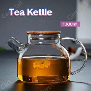 1L Heat Resistant With Wooden Cover Tea Pour Kettle Hot Coffee Tea Milk