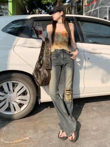 Spring Summer High Waist Bell Bottom Hole Punching Denim Jeans Womens Loose Fit Casual Wear American Retro Style Long Trousers