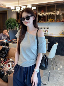 Shoulder Bared One Shoulder Short Sleeve Loose Fit T Shirt Womens Fashionable Korean Style Summer Top Pure Color Casual Wear