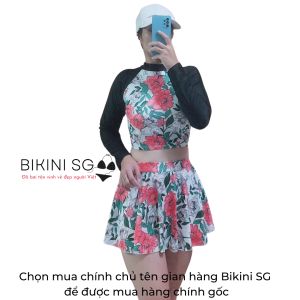 Đồ bơi nữ kín đáo dài tay croptop phối váy quần hoa mẫu đơn đi bơi đi biển tiện lợi BIKINI SG