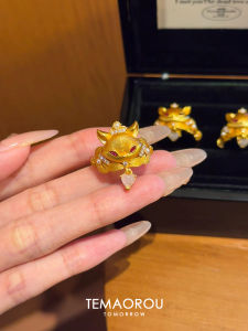 Non-Fading Sand Gold Fox Ring Unique Chinese Style Womens Fashion Jewelry Copper Alloy Embedded Artificial Gem Finger Ring