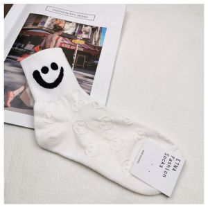 ETNA Womens Mid-Calf Cotton Socks Spring New Style Happy Face Relief Fashionable Versatile Moisture Wicking Sports Style