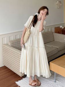 Elegant Beige Summer Dress Womens Loose Fitting Flattering Long French Style Dress Soft A-Line Silhouette Short Sleeve