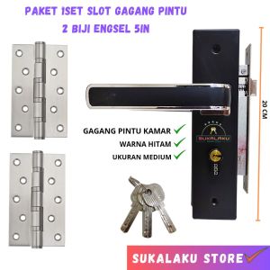 Paket 1set Hendel pintu rumah warna hitam dan 2pcs engsel 5inc