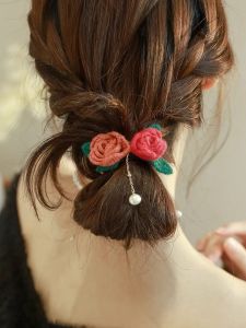 Handcrafted Elegant Rose Flower Hair Ties for Girls Christmas Theme High-End Feelings Cute Bowknot Hair Accessories