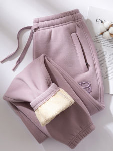 กางเกงวอร์มผู้หญิงหนา ทรงลำลอง ผ้าขนแกะ ฤดูหนาว 2024 กางเกงวอร์มผู้หญิง ทรงหลวม ซิป ความยาวปานกลาง กางเกงขายาว