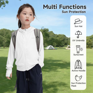 LOlanta เสื้อแจ็คเก็ตกันยูวีสำหรับเด็กผู้หญิงเสื้อมีฮู้ดรูดซิป UPF50 + มีรูนิ้วหัวแม่มือน้ำหนักเบาป้องกันรังสียูวีสำหรับกีฬาอายุ5-12ปี