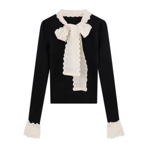 Màu Đen Ren Nút Thắt Bướm Dài Tay Áo Len Dệt Kim Nữ Mùa Thu Mùa Đông Ôm Vừa Vặn Phong Cách Ngắn Áo Lót Phong Cách Hàn Quốc