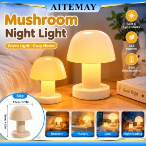 Aitemay Portable Mushroom Night Light Battery Powered Mini LED Table Lamp Eye Caring Soft Glow For Bedroom Bedside Nursery Home Decor Beige